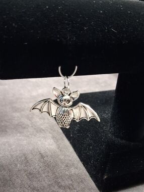 2/$5 Silver Tone Metal 42mm x 30mm Smiley Spread Wings Vampire Bat Pendant NEW